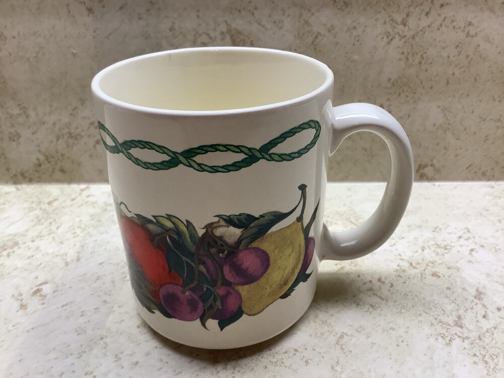 Hudson Valley Pattern Coffee Mug Featuring Fruits, Leaves and a Rope-Like Trim